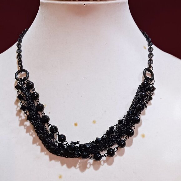 Handmade Black Chain and Bead Layered Cascade Statement Bib Necklace - Picture 9 of 9